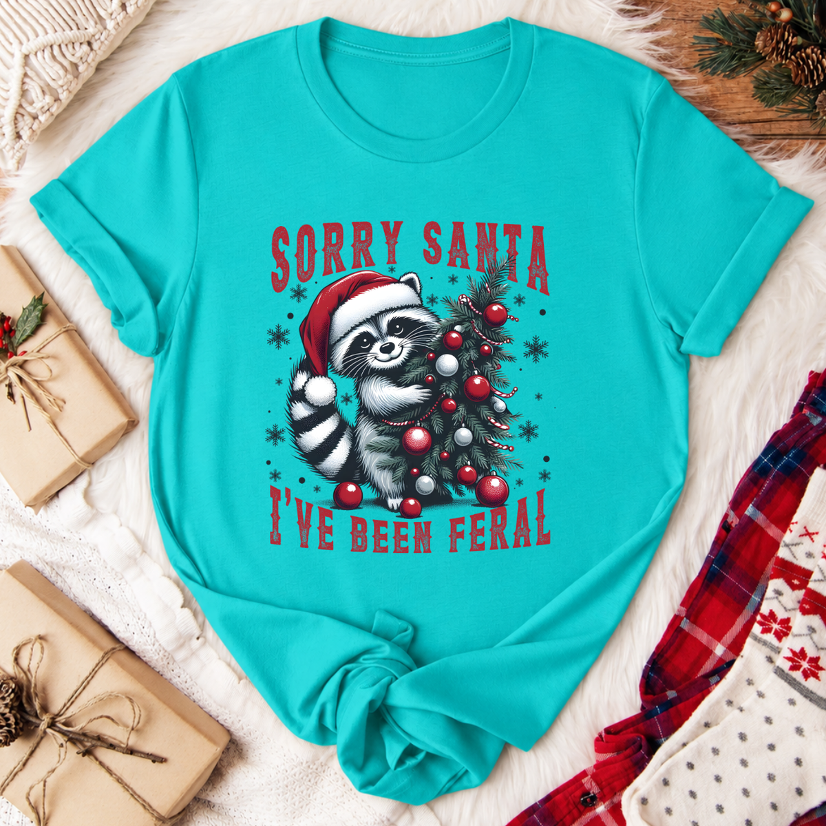 Sorry Santa I've Been Feral Raccoon Christmas T-Shirt - Teal