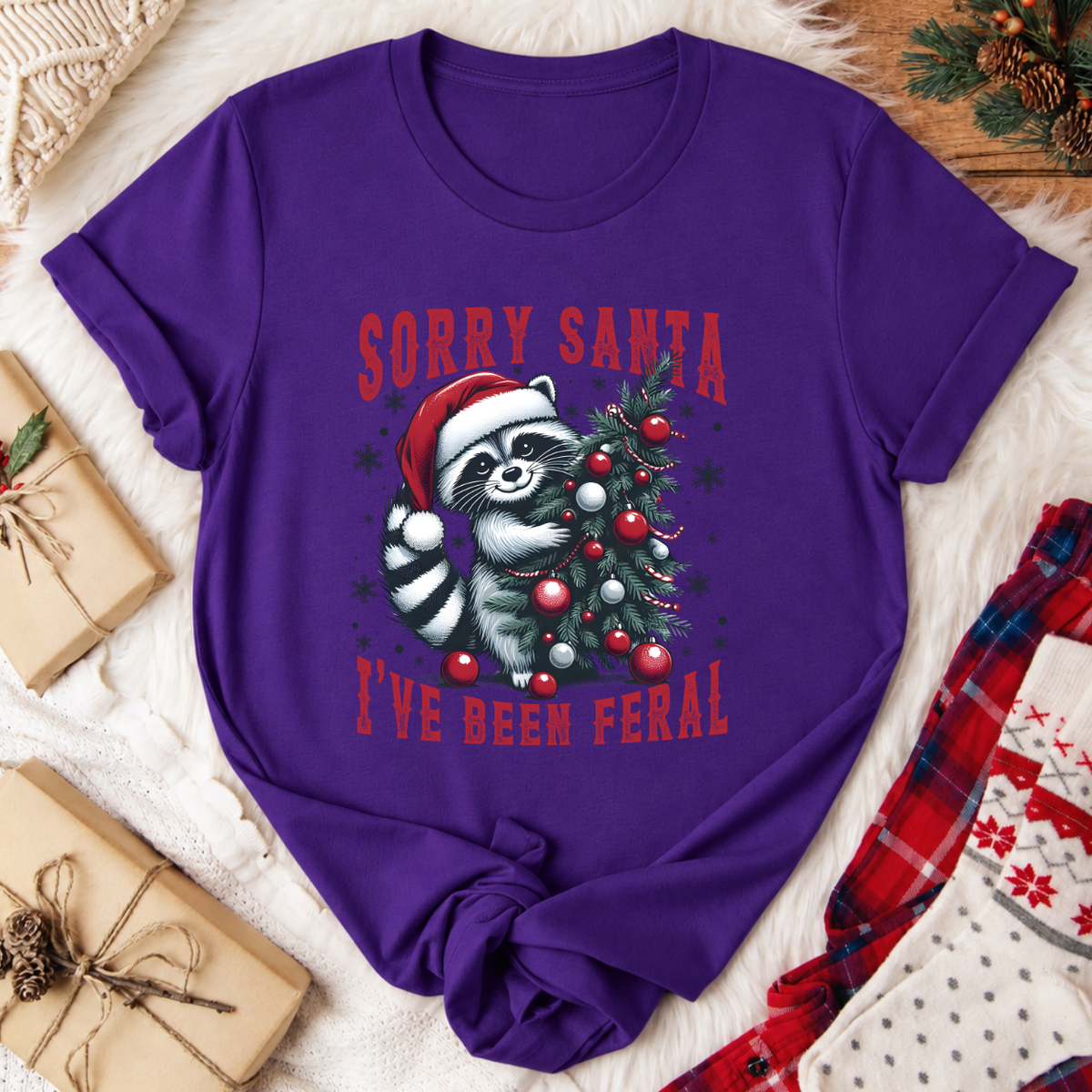 Sorry Santa I've Been Feral Raccoon Christmas T-Shirt - Team Purple