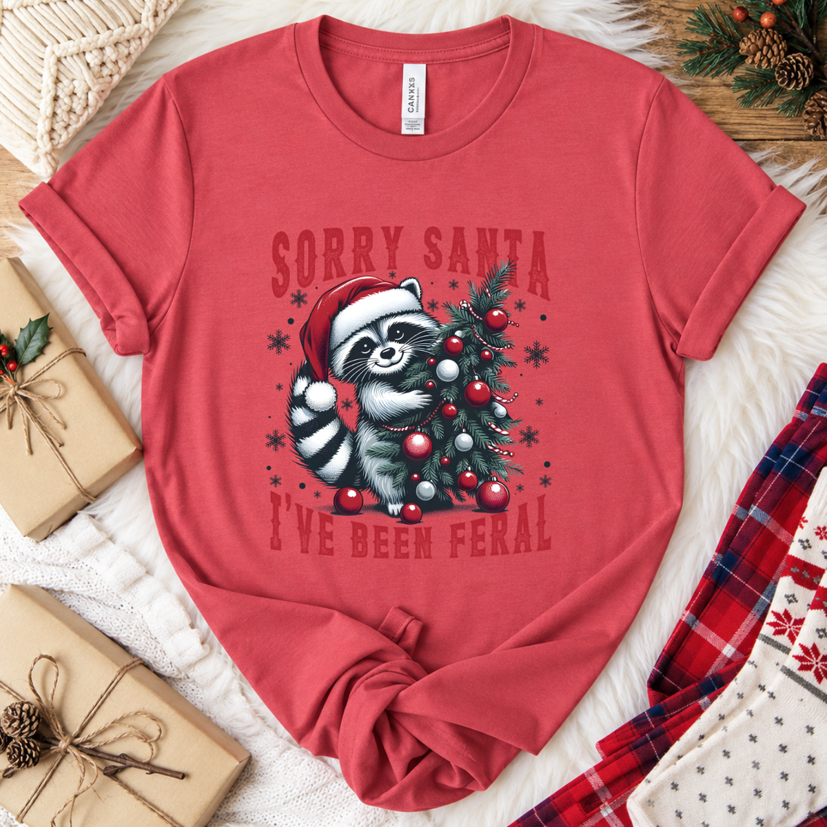 Sorry Santa I've Been Feral Raccoon Christmas T-Shirt - Vintage Red
