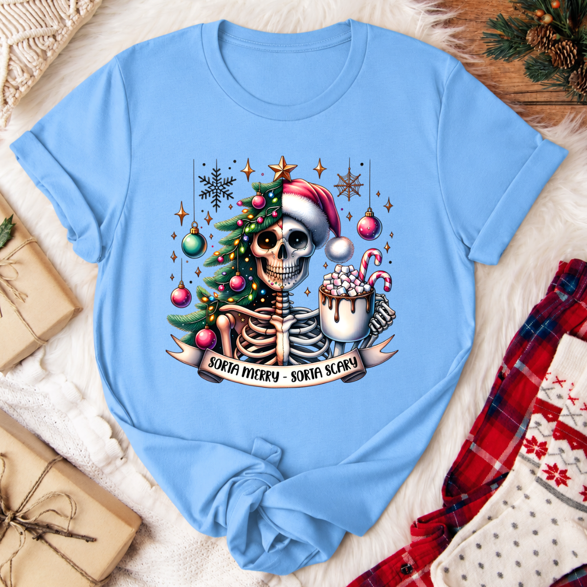 Sorta Merry Sorta Scary Christmas T-Shirt - Carolina Blue