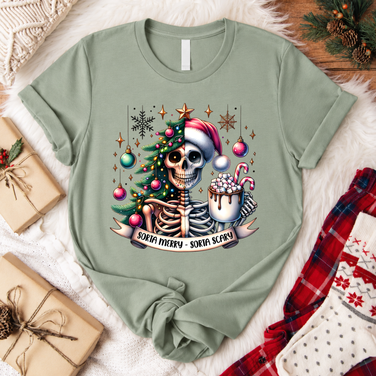 Sorta Merry Sorta Scary Christmas T-Shirt - Sage