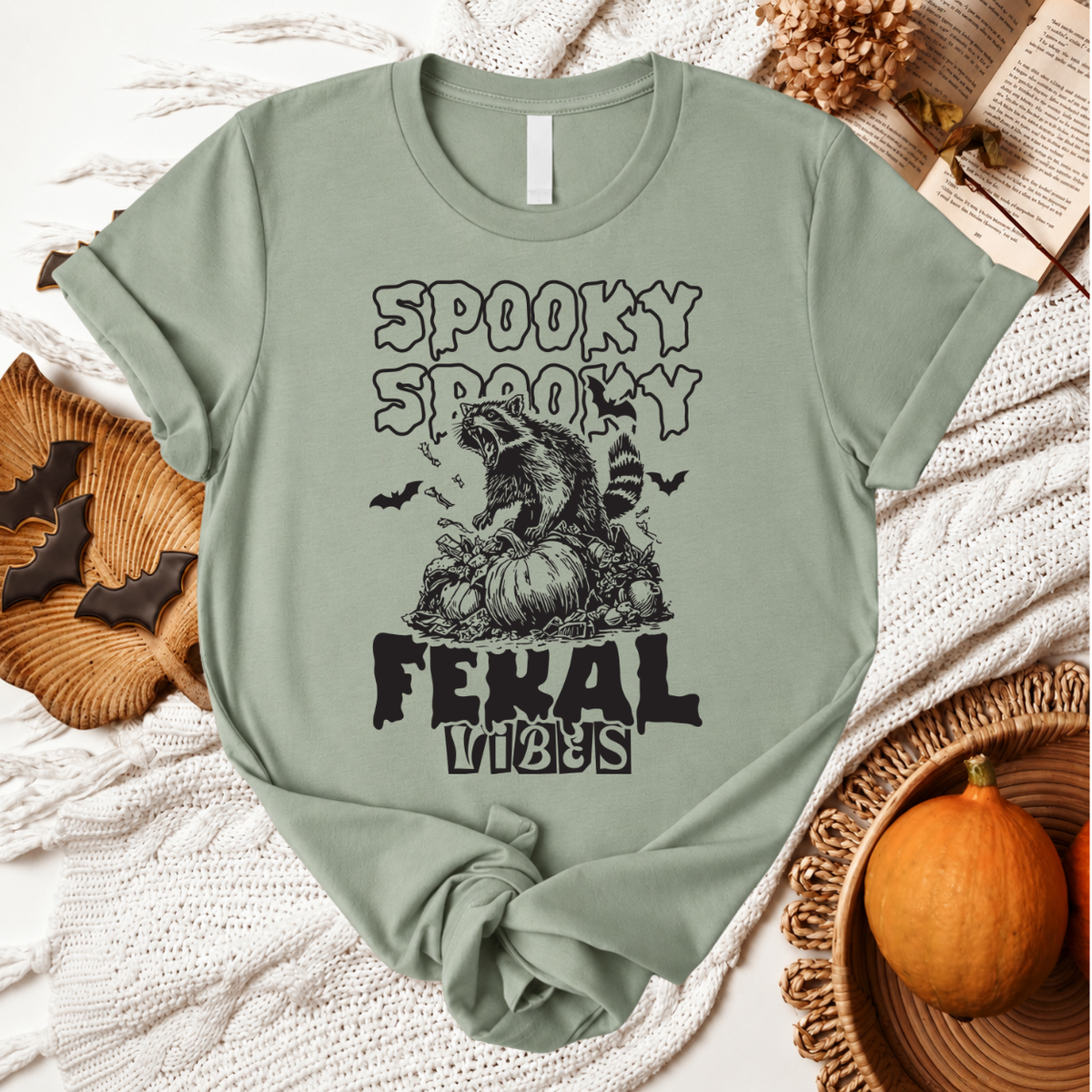 Spooky Feral Vibes Halloween T-Shirt - Sage