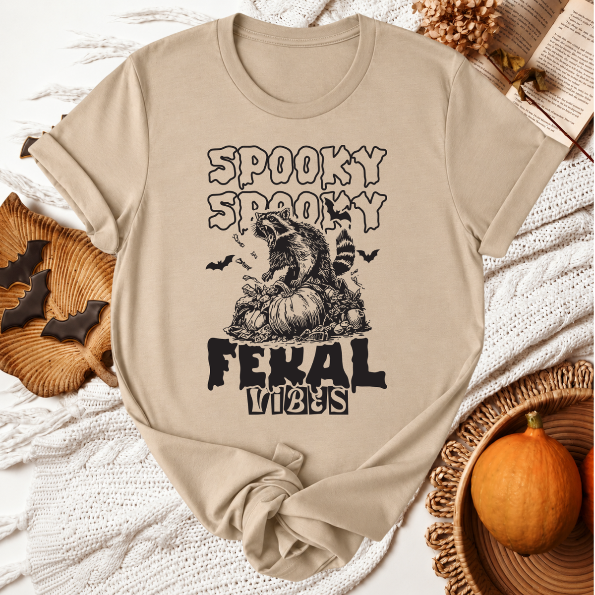 Spooky Feral Vibes Halloween T-Shirt - Tan