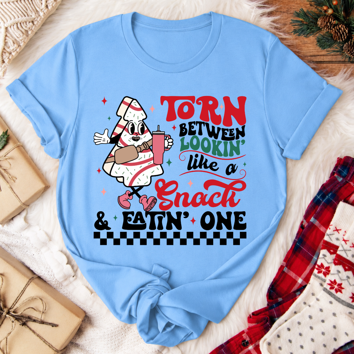 Torn Between Lookin' Like a Snack Christmas T-Shirt - Carolina Blue