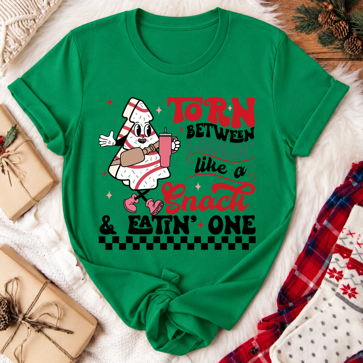 Torn Between Lookin' Like a Snack Christmas T-Shirt - Kelly Green