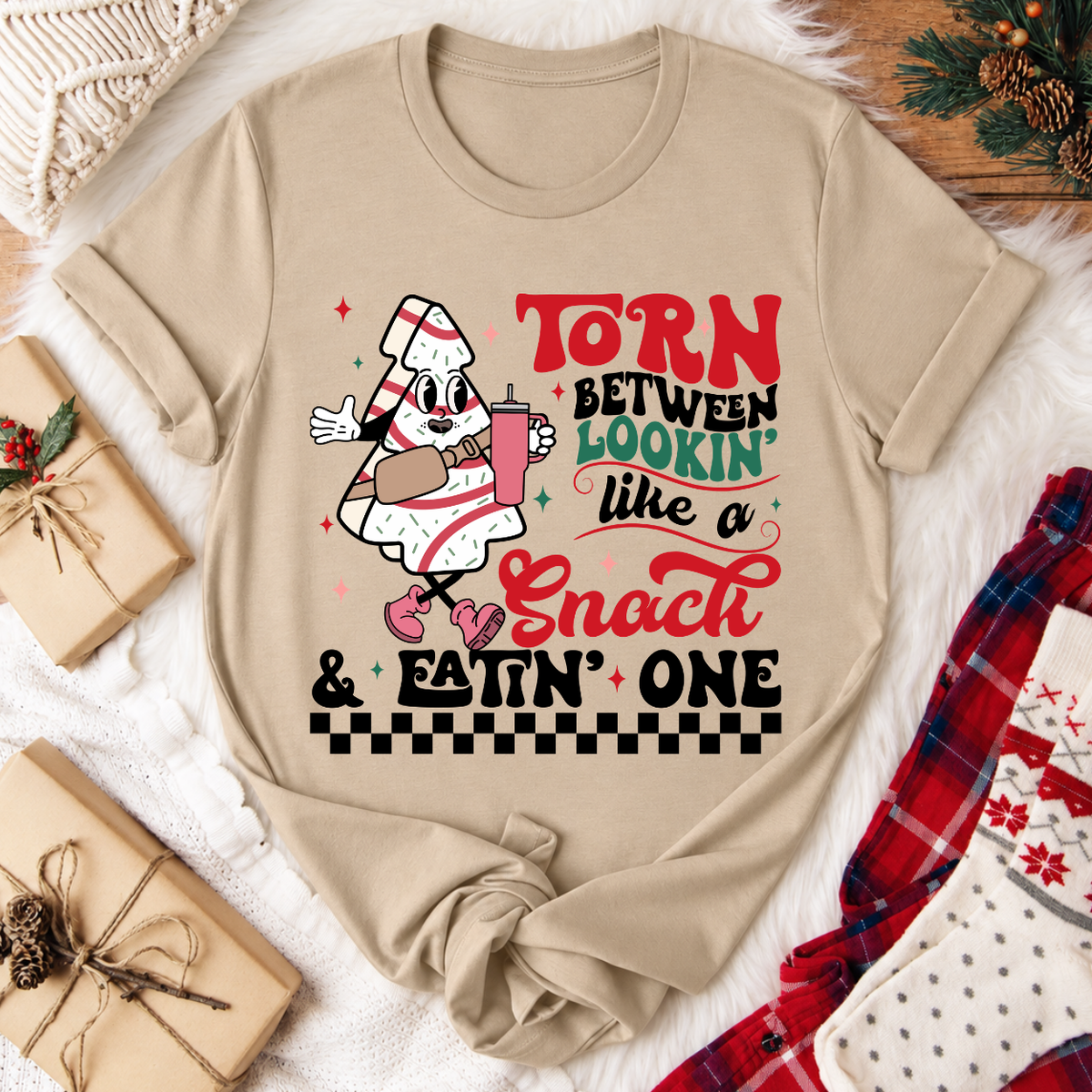 Torn Between Lookin' Like a Snack Christmas T-Shirt - Tan