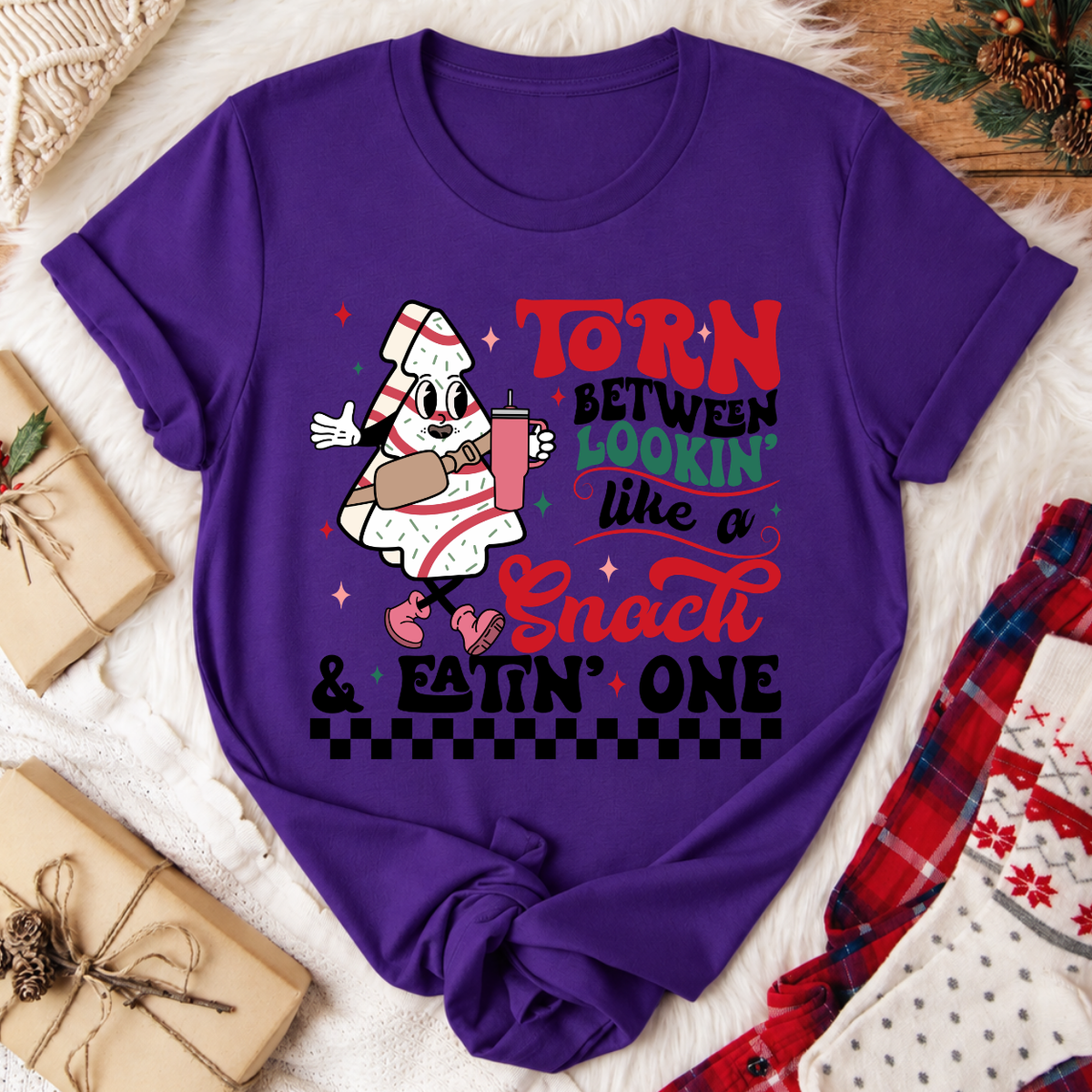 Torn Between Lookin' Like a Snack Christmas T-Shirt - Team Purple