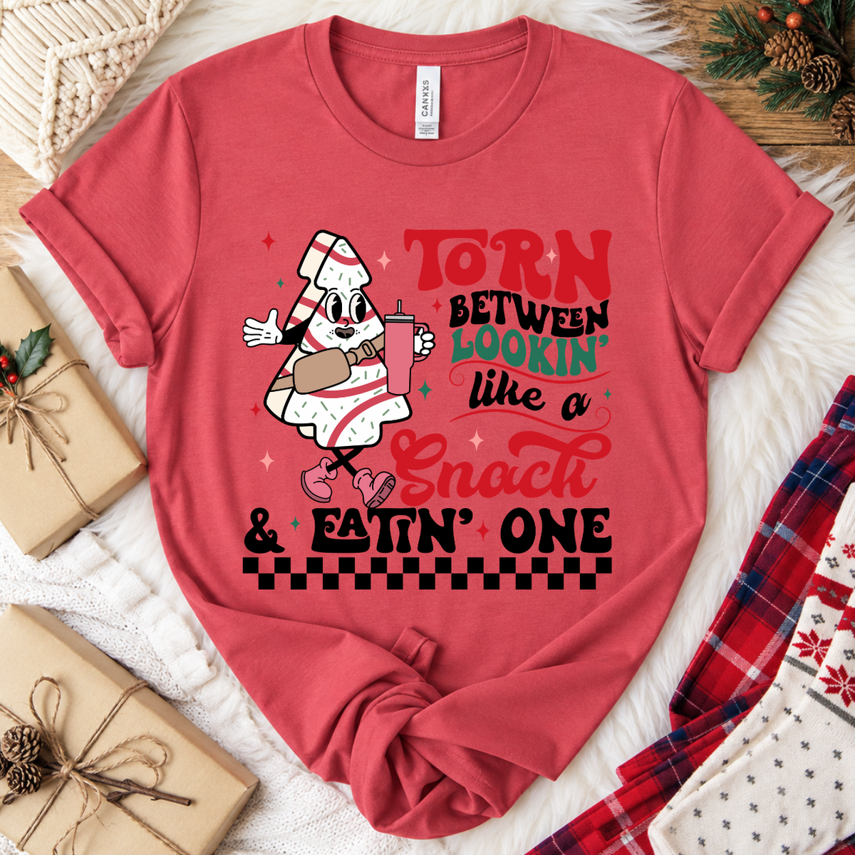 Torn Between Lookin' Like a Snack Christmas T-Shirt - Vintage Red