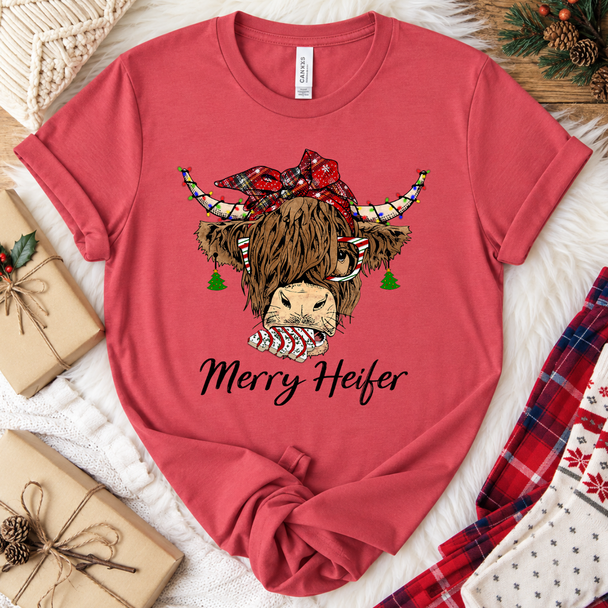 Merry Heifer Highland Cow Christmas T-Shirt - Vintage Red