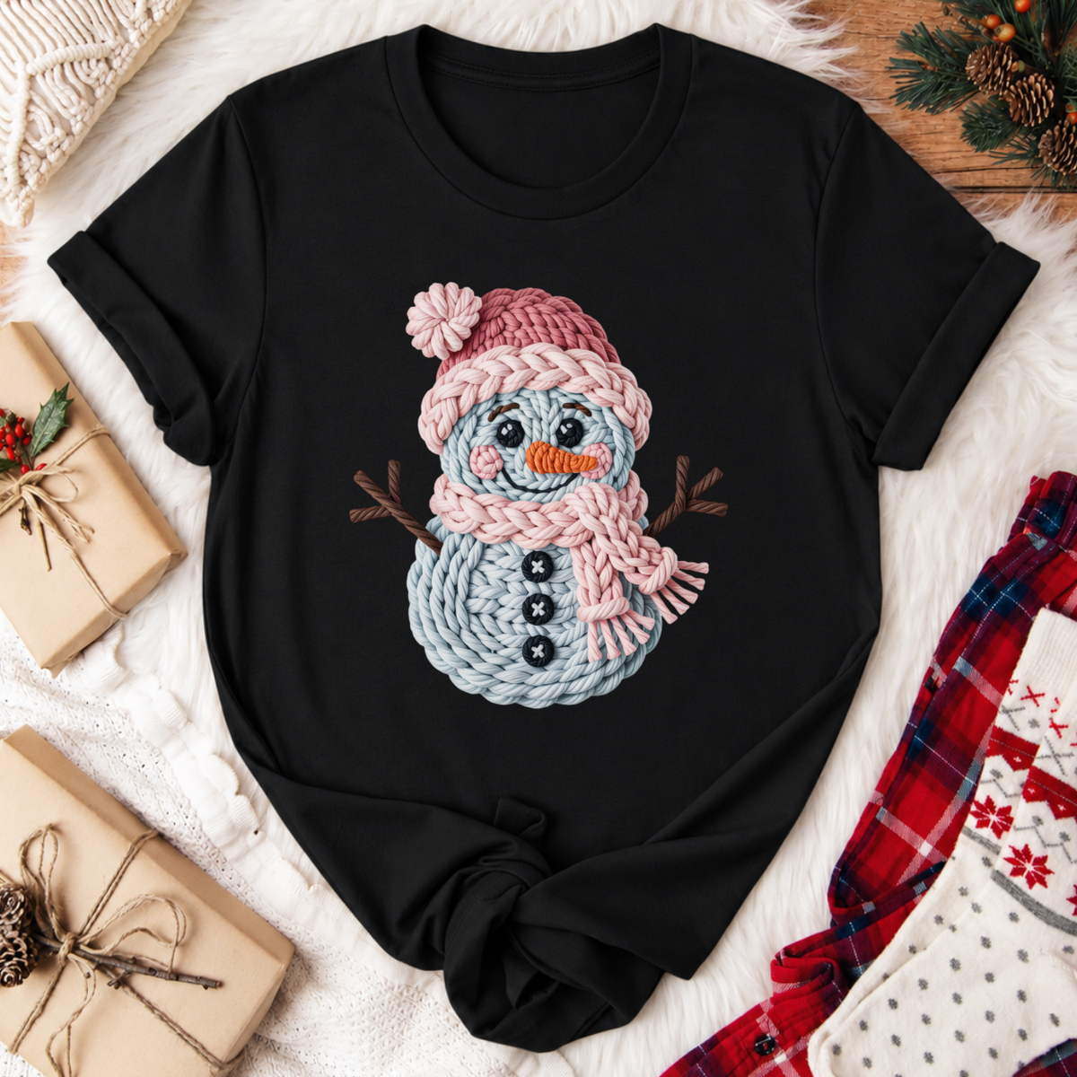 Yarn Snowman Christmas T-Shirt - Black
