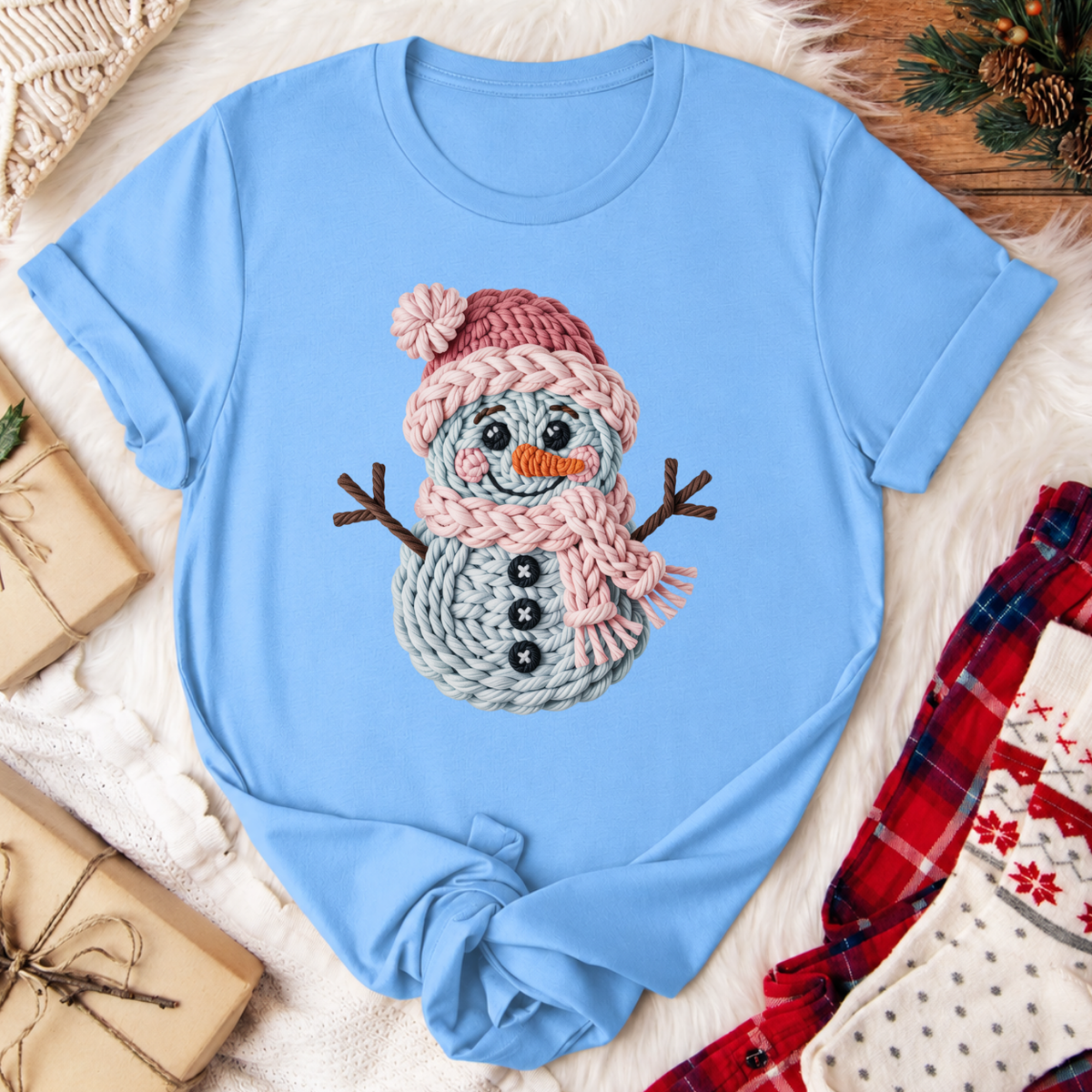 Yarn Snowman Christmas T-Shirt - Carolina Blue
