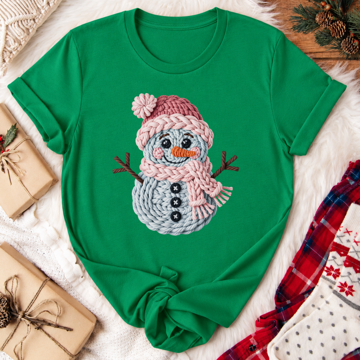 Yarn Snowman Christmas T-Shirt - Kelly Green