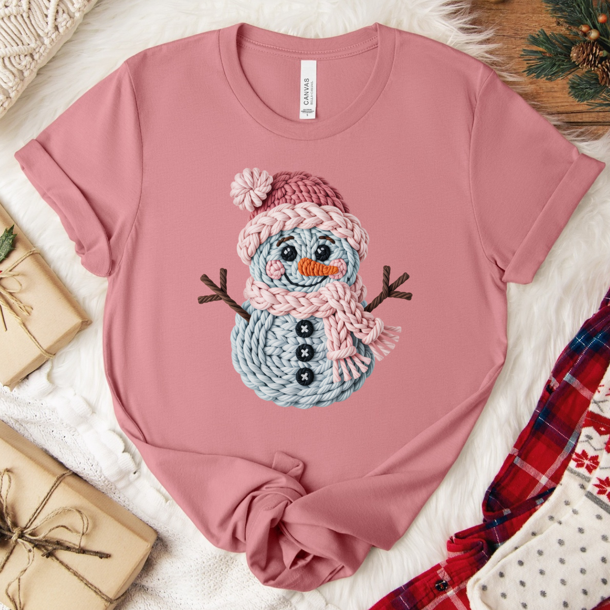 Yarn Snowman Christmas T-Shirt - Mauve