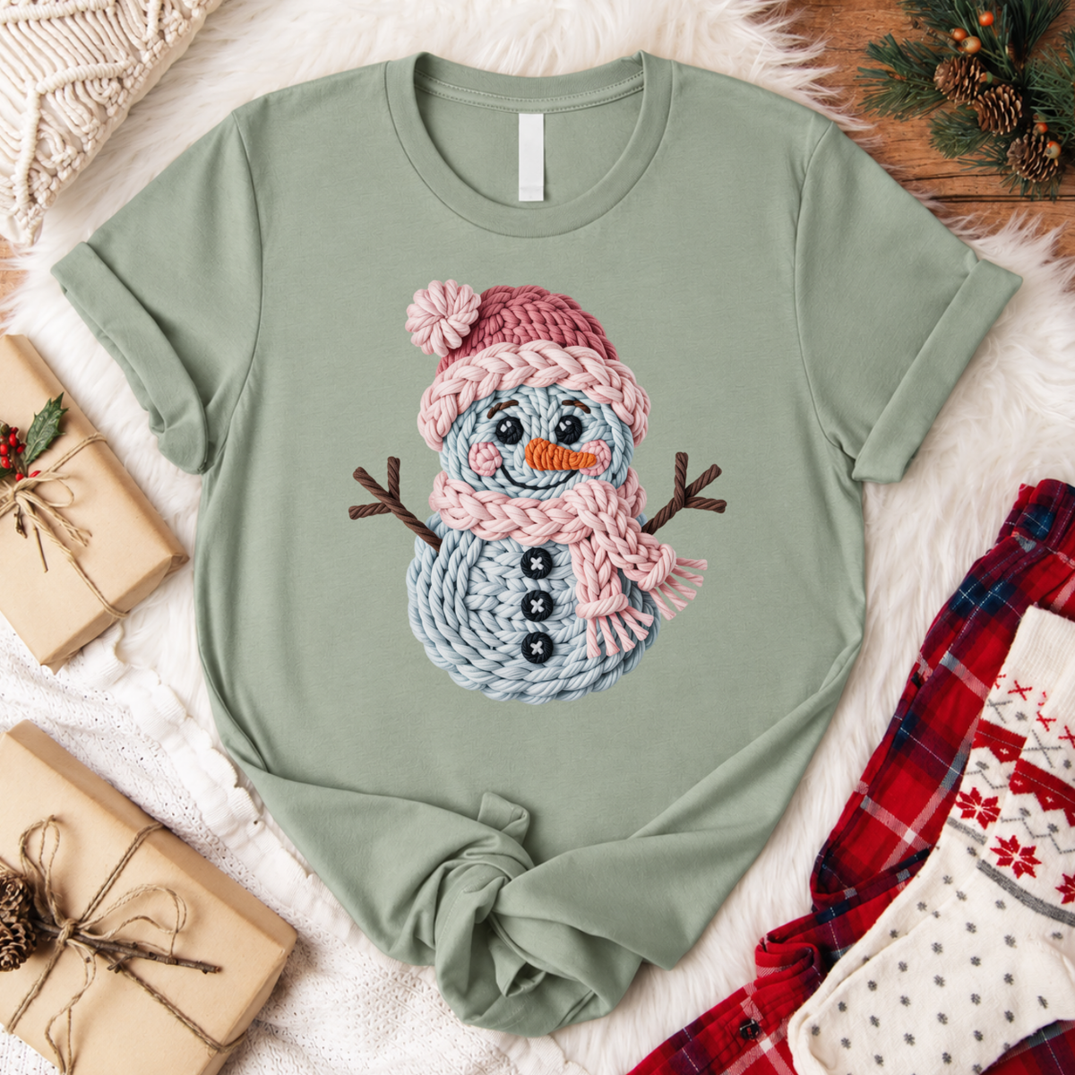 Yarn Snowman Christmas T-Shirt - Sage