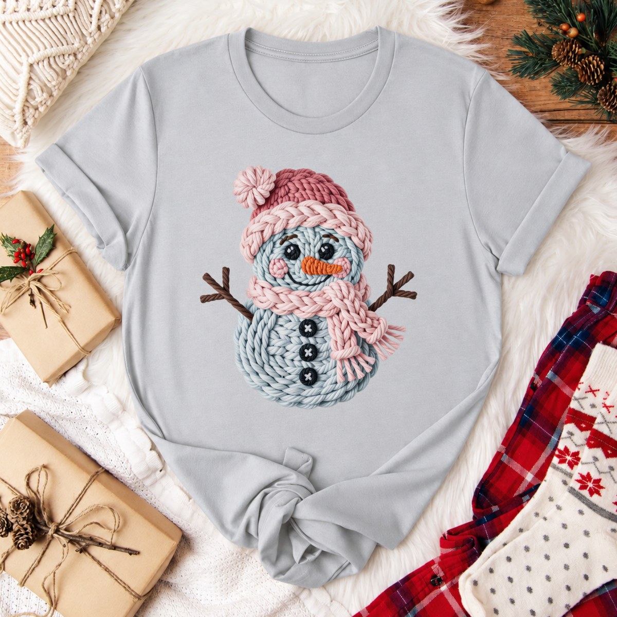 Yarn Snowman Christmas T-Shirt - Silver