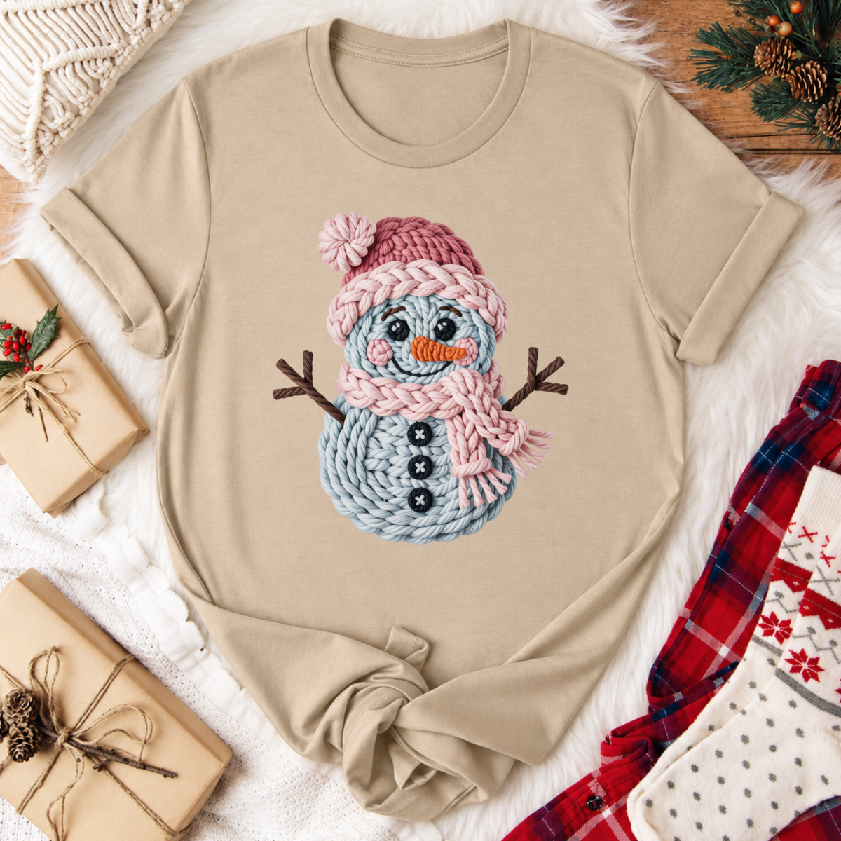 Yarn Snowman Christmas T-Shirt - Tan