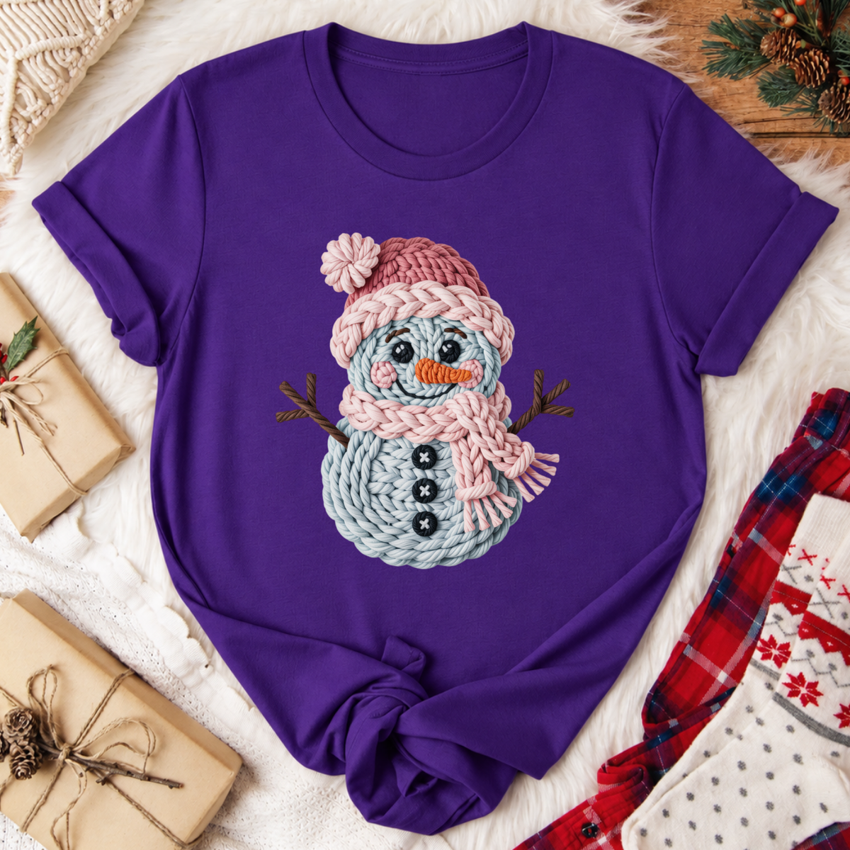 Yarn Snowman Christmas T-Shirt - Team Purple