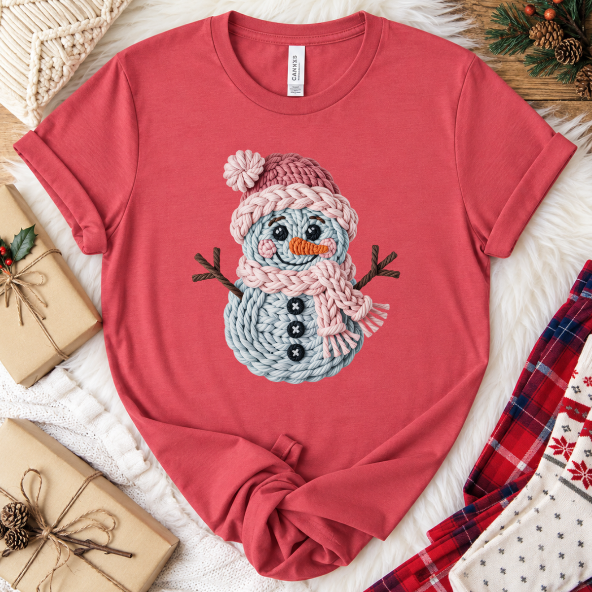 Yarn Snowman Christmas T-Shirt - Vintage Red