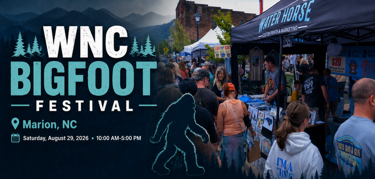 Water Horse Custom Prints booth at the WNC Bigfoot Festival in Marion, North Carolina.