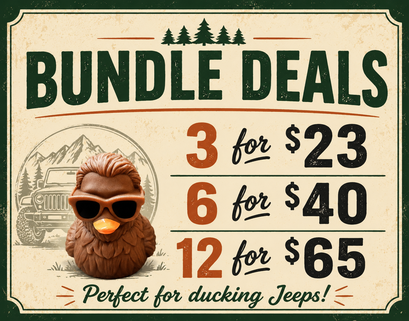 Bigfoot Adventure Duck bundle pricing with 3 pack, 6 pack and 12 pack deals
