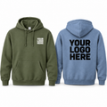 Port & Co PC78H custom hoodie mockup – olive green front, white left chest logo; Tundra Blue back, black back logo
