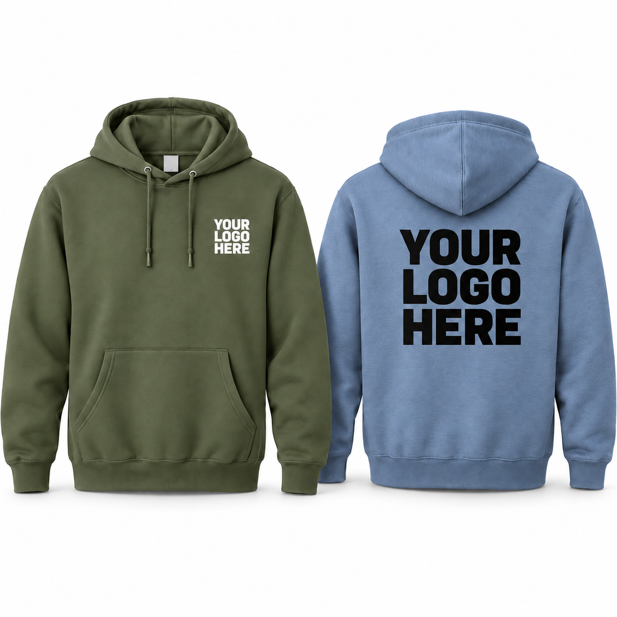 Port & Co PC78H custom hoodie mockup – olive green front, white left chest logo; Tundra Blue back, black back logo