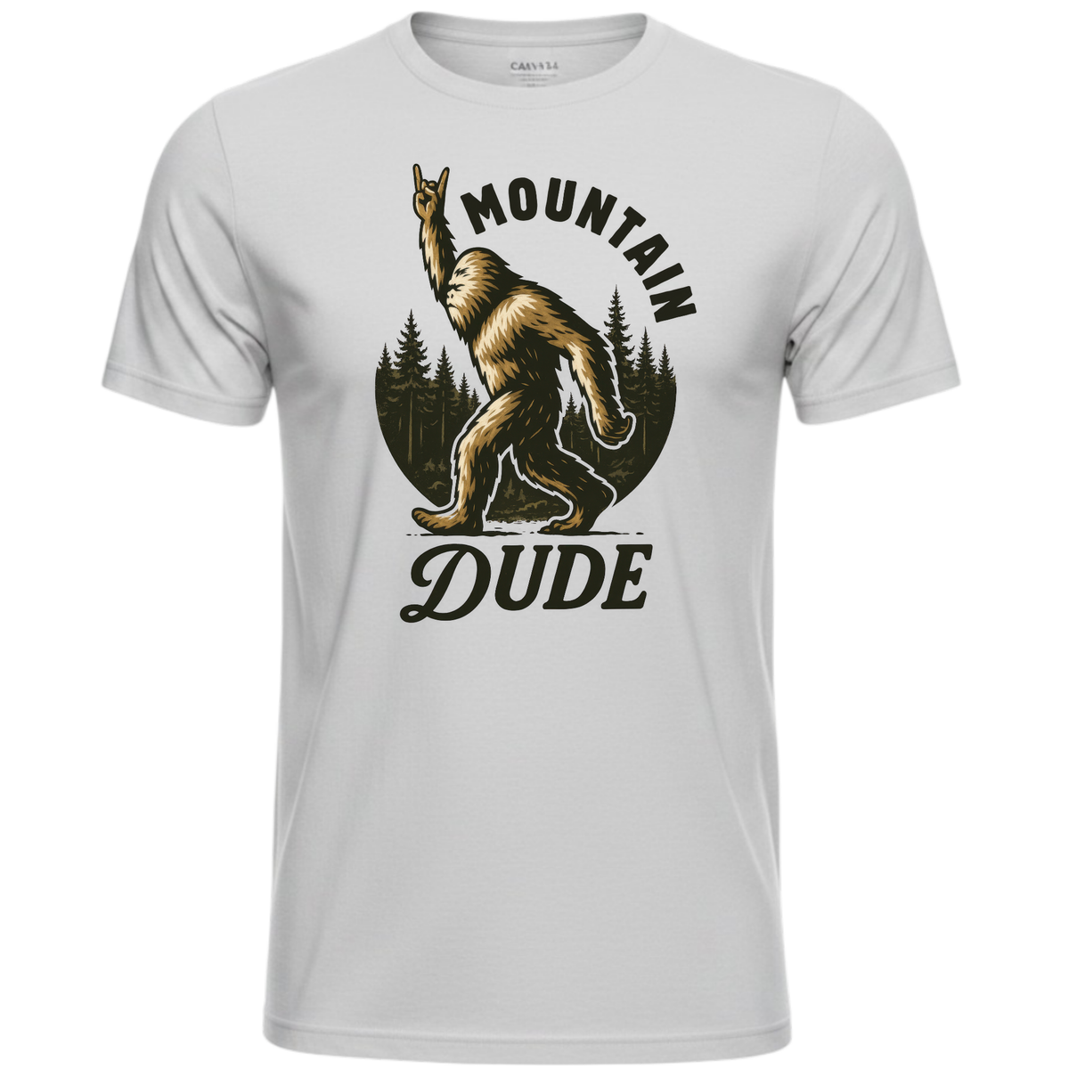 Water Horse Custom Prints Mountain Dude Bigfoot graphic t-shirt in light grey cotton with a rock-on Bigfoot design.