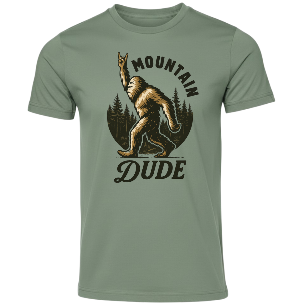 Water Horse Custom Prints Mountain Dude Bigfoot graphic t-shirt in olive green cotton with rock-on sign design.