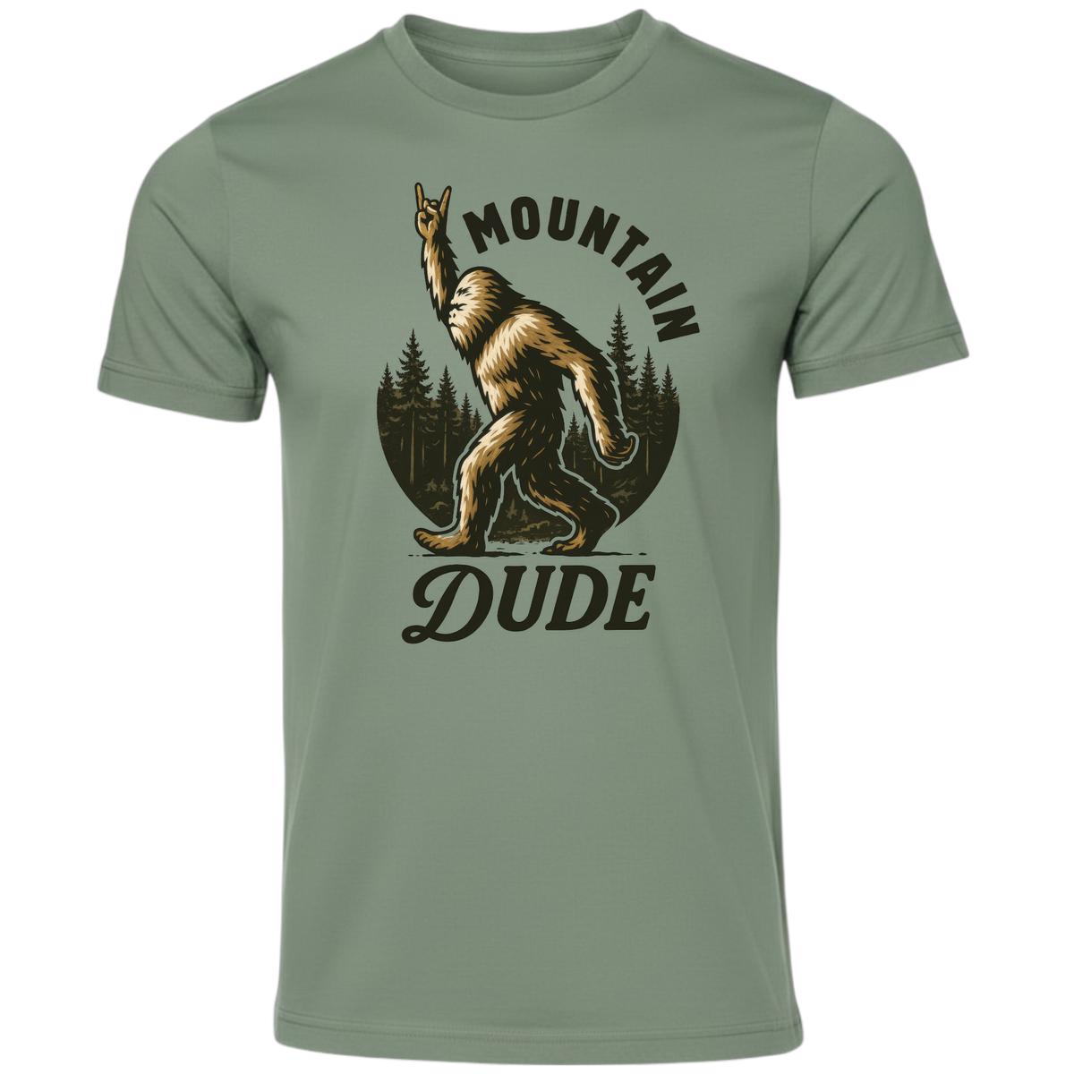 Water Horse Custom Prints Mountain Dude Bigfoot graphic t-shirt in olive green cotton with rock-on sign design.