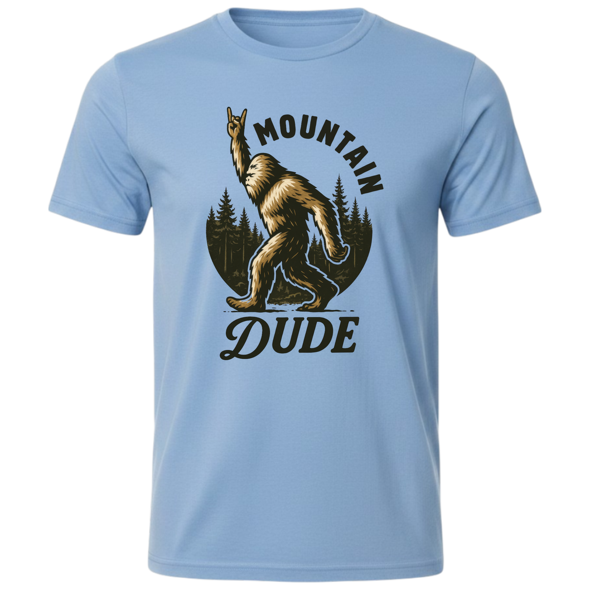 Water Horse Custom Prints light blue unisex t-shirt featuring a Bigfoot graphic throwing a rock-on sign in the woods.