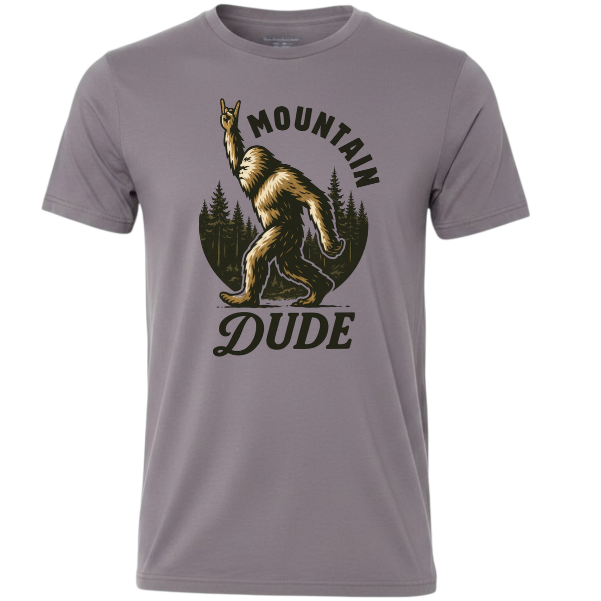 Water Horse Custom Prints grey unisex cotton t-shirt featuring a Bigfoot graphic throwing a rock-on sign in the woods.