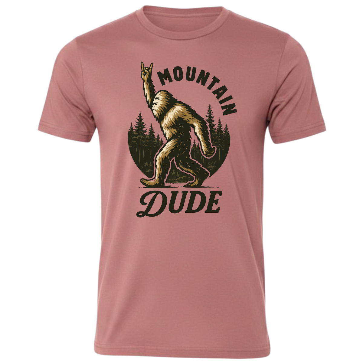 Water Horse Custom Prints mauve unisex cotton t-shirt featuring a Bigfoot graphic with a rock-on hand gesture